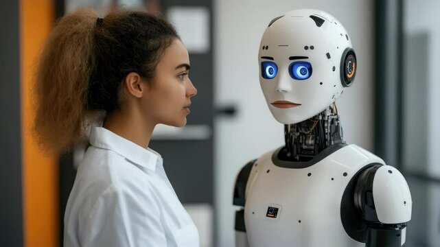 Exploring Modern Technology Womans Interaction with Humanoid Robot Featuring Blue Eyes and Artificial Intelligence Innovations