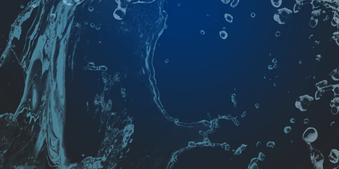Splash and drops of water on a blue background. World of bubbles - Blue. Abstract fresh soda and air bubbles, oxygen, champagne crystal. Raindrops on a dark background .