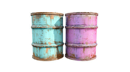 Obraz premium Rusty, Weathered Blue and Pink Barrels with Distressed Exteriors and Industrial Aesthetic