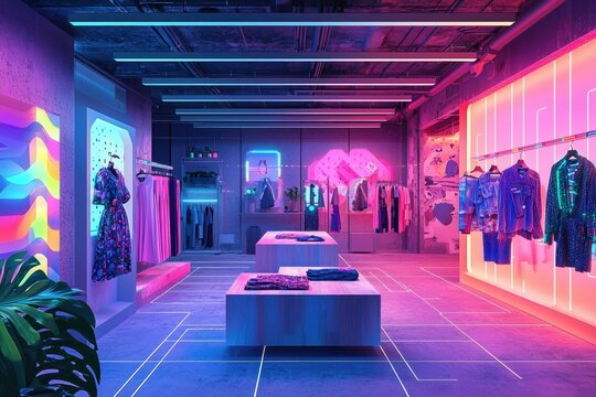 Neon-lit futuristic clothing store with vibrant displays and trendy apparel.