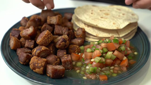 Chicharr?n Prensado Pressed Pork Cracklings with Salsa and Warm Tortillas on Plate a Delicious Mexican Cuisine Snack Close Up Studio Shot