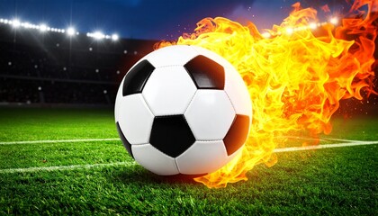 Fototapeta premium Soccer ball on fire. Soccer ball on field. Soccer ball with flame. Burning soccer ball. 