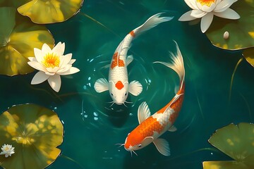 a detailed oil painting of koi fish in pond