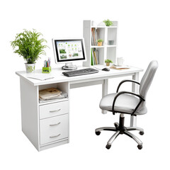 A white office desk with computer and drawers sits against a white wall.
