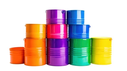 Stacked Colorful Paint Cans in Vibrant Hues with a Transparent Background Ideal for Artistic Projects