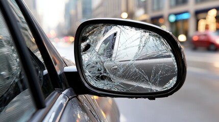 Obraz premium Broken car mirror reflecting city street accident