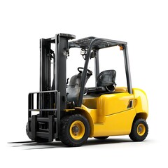 A yellow forklift truck is isolated on a clean white background