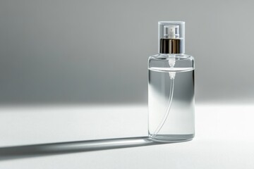 Clear glass bottle with a spray nozzle casts a shadow on a light surface