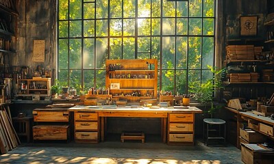 Cozy woodworking shop filled with tools and natural light, showcasing craftsmanship in a serene environment