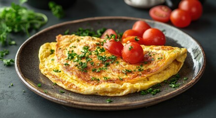 A savory, golden-brown omelet topped with fresh herbs and cherry tomatoes.