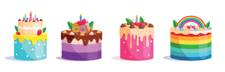 Birthday colorful cake clipart icon set. Sweet cake with rainbow, blue, purple and pink color clip art for bday, wedding and anniversary dessert flat collection vector illustration.
