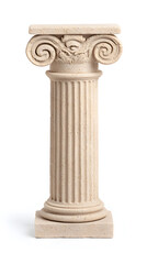 Ancient greek Classical white column with intricate Ionic isolated on white background