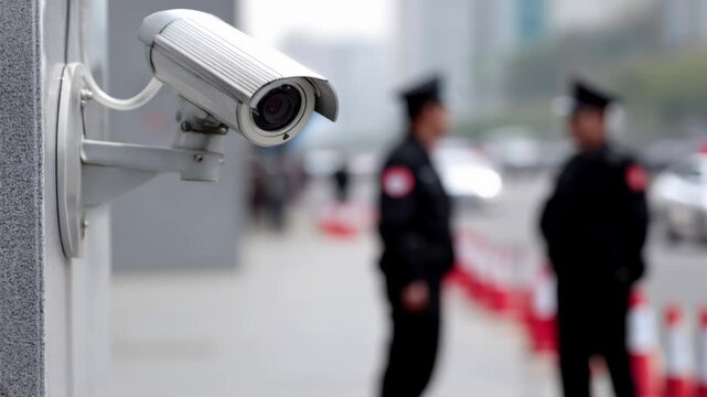 Surveillance Camera Monitoring Security Personnel in Urban Environment Emphasizing Safety, Vigilance, and Technology for Effective Observation and Monitoring.
