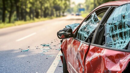Damaged red car on roadside after accident, shattered windows, blurred background of road and cars.  Possible use insurance, accident report, safety campaign