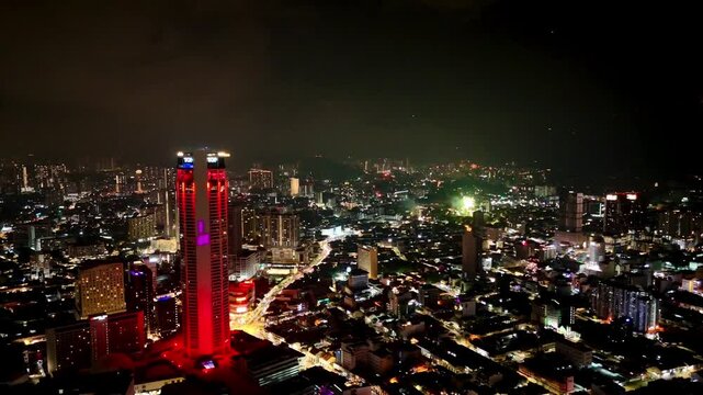 Aerial Night View of Komtar Tower and George Town in Penang, Malaysia