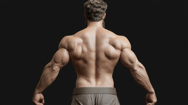 Muscular man's back and arms, studio shot against black backdrop, fitness theme