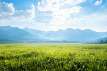 Fototapeta premium Open green field under a clear sky with distant mountains, perfect for rural or peaceful outdoor settings.