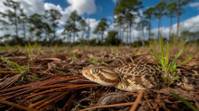 Close encounter with a southern hognose snake basking in the sun on a forest floor in a serene natural setting