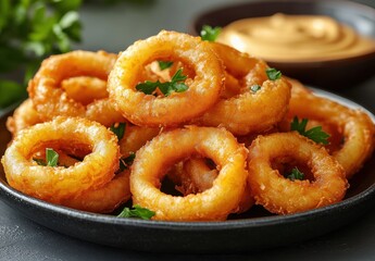 Crispy Golden Onion Rings Served on a Platter with Fresh Parsley and Tangy Dipping Sauce for Appetizer or Snack Lovers