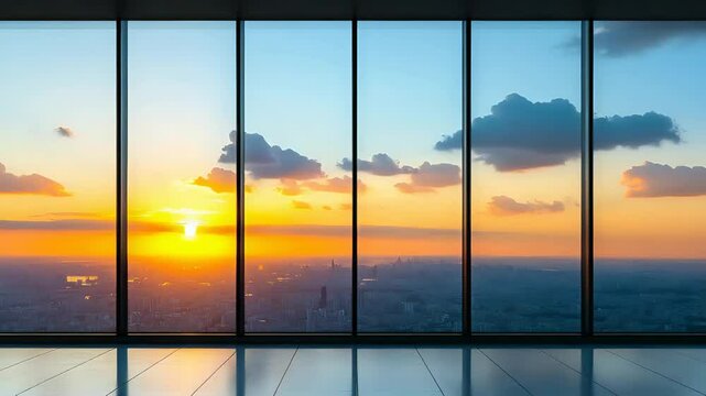 Panoramic city skyline view with colorful sunset through large glass windows inside modern high-rise building

