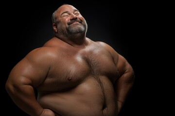 Fototapeta premium Happy Overweight Man Portrait. Shirtless, Smiling, Posing. Body Positivity. Dark Background. Photograph.