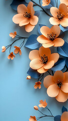 Blooming paper flowers with blue leaves set against a soft blue background creating an elegant design