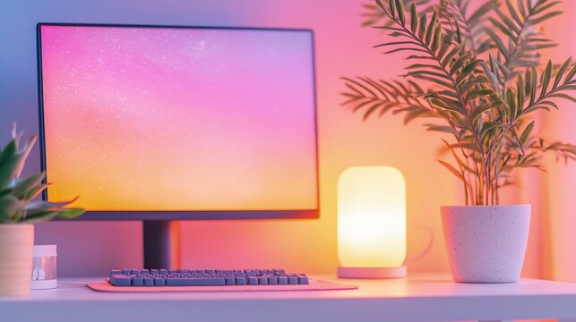 Modern Pink and Orange Lit Workspace with Curved Monitor and Plants