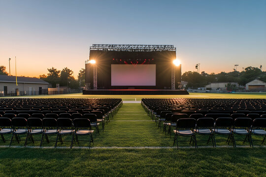 Open outdoor stage setup with neat rows of empty chairs under a clear sky, perfect for event, festival, or performance background concepts.