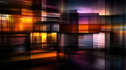 Abstract cityscape, vibrant blocks, dynamic movement,  glowing lights