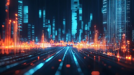 Fototapeta premium Futuristic Digital Cityscape with Colorful Data Flow, Modern Technology Concepts and Connectivity
