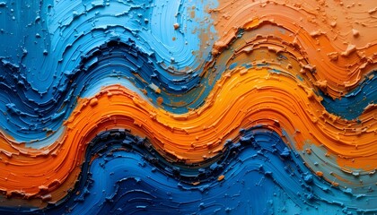 Closeup of Abstract Rough Colorful Blue Orange Complementary Colors Art Painting Texture Background Wallpaper with Oil or Acrylic Brushstroke Waves Palette Knife Paint on Canvas