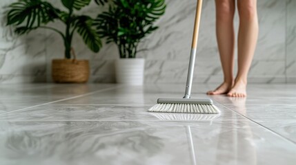 Tidy Home Space Barefoot Person Sweeping Indoor Area Maintaining Cleanliness with Broom and Potted Plants