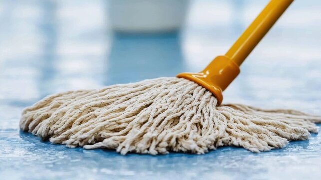 Cleaning Blue Tiled Floor with Yellow Handle Mop in Home Maintenance and Upkeep Procedure