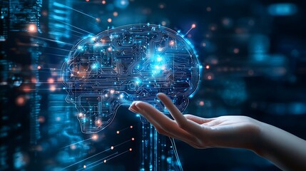 Futuristic Hand Reaching Towards Digital Brain with Circuit Patterns and Glowing Lights