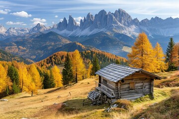 Showing Old wooden hut in Dolomites, autumn time, mountains, sunny day.