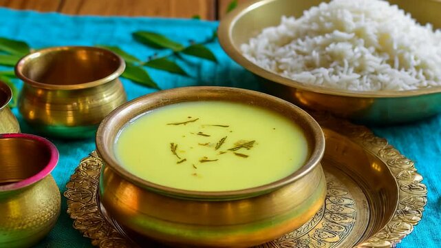 Delicious traditional south Indian meal featuring kadi and rice served on a brass platter with decorative elements