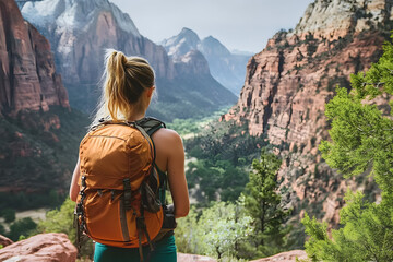 Naklejka premium Young woman wearing backpack is looking at the view on the trail to Angel's Landing in Zion National park in Utah, USA. Female on a hiking trail in Zion National Park in Usa.