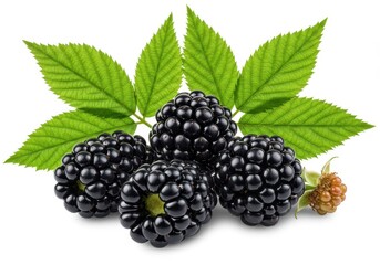 Close-up of several blackberries with green leaves and a small stem on a white surface