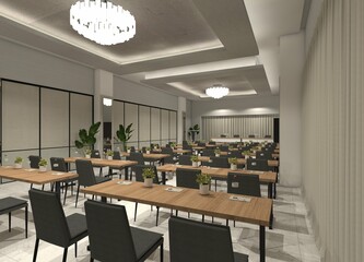 Contemporary 3D rendering of a large meeting room interior.