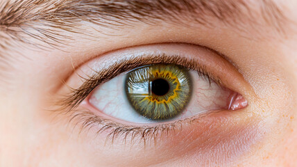 Obraz premium close up of human eye showcasing intricate details, including vibrant green and yellow hues, with visible eyelashes and skin