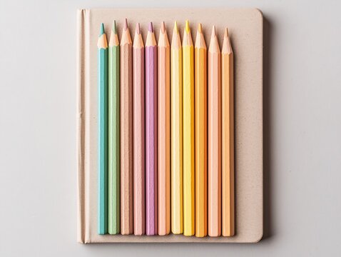 Pastel Colored Pencils and Sketchbook on Gray Background