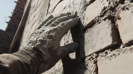 Fototapeta premium Construction Worker Applying Cement to Bricks