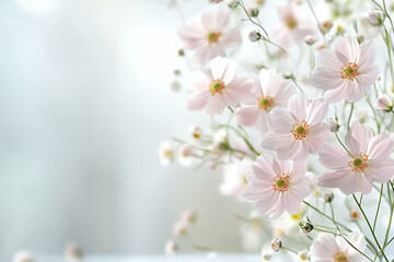 Fototapeta premium Delicate pink flowers bloom gracefully, creating serene and tranquil atmosphere in soft, blurred background