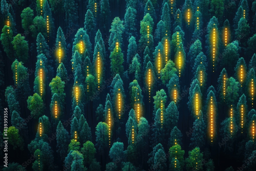 Poster aerial view of a lush forest at night with glowing lights illuminating the trees, creating a magical
