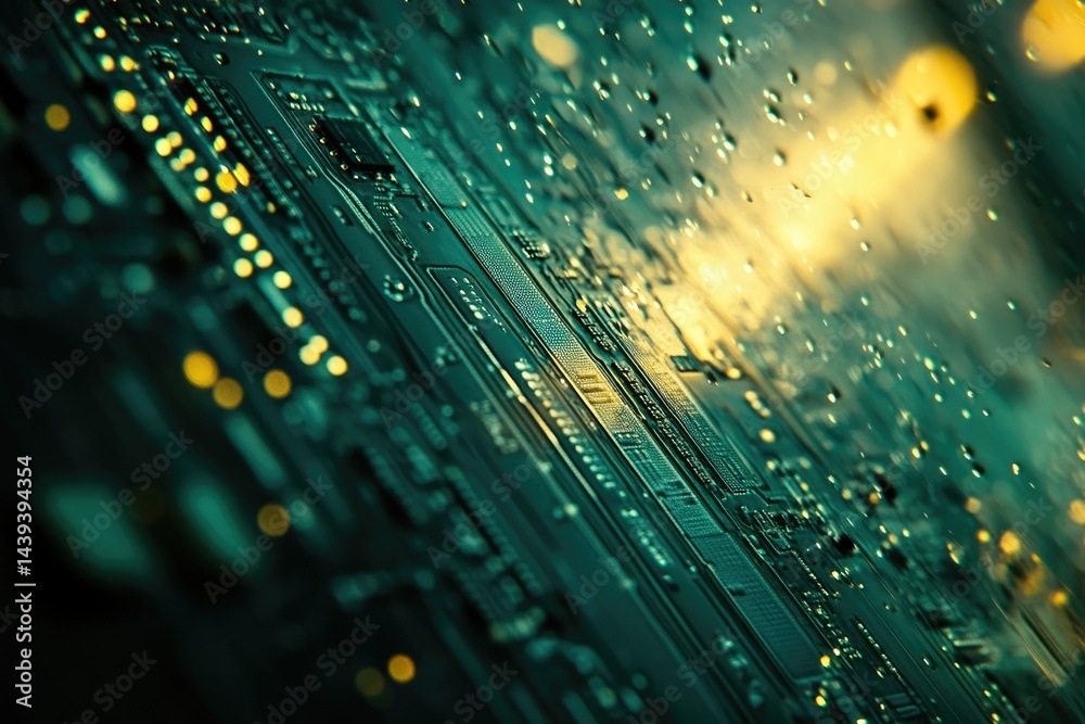 Poster Close-up of a circuit board with water droplets, showcasing intricate electronic components and pathways.