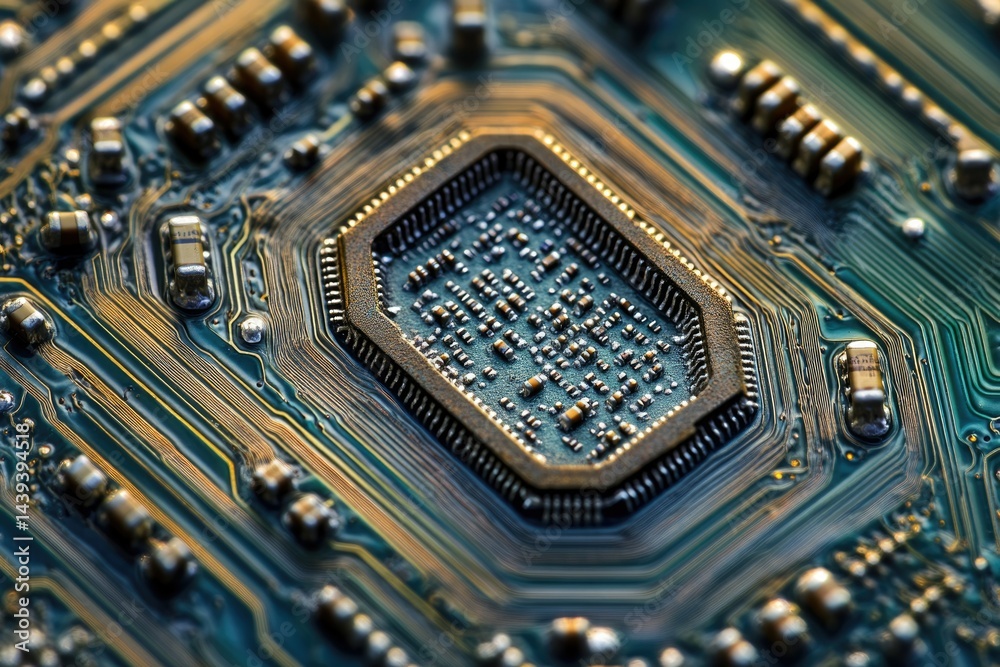 Poster Close-up of a circuit board showcasing intricate electronic components and pathways.