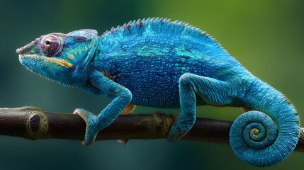 Fototapeta premium Vibrant Blue Panther Chameleon on Branch Closeup Photography