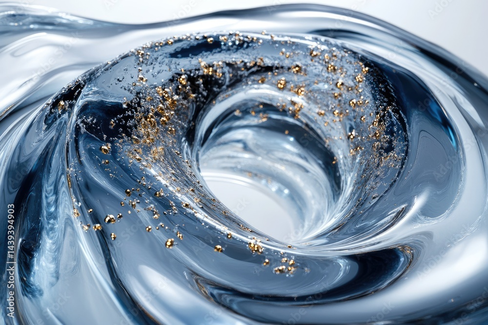 Poster swirling blue liquid with golden flecks creates a mesmerizing vortex effect.