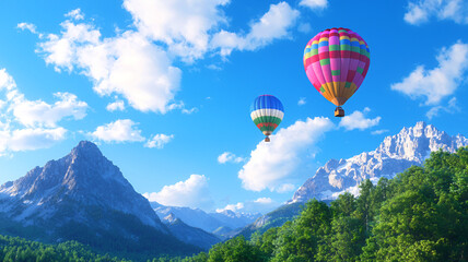 Fototapeta premium Breathtaking hot air balloons soar above majestic mountains, surrounded by lush greenery and vibrant blue sky