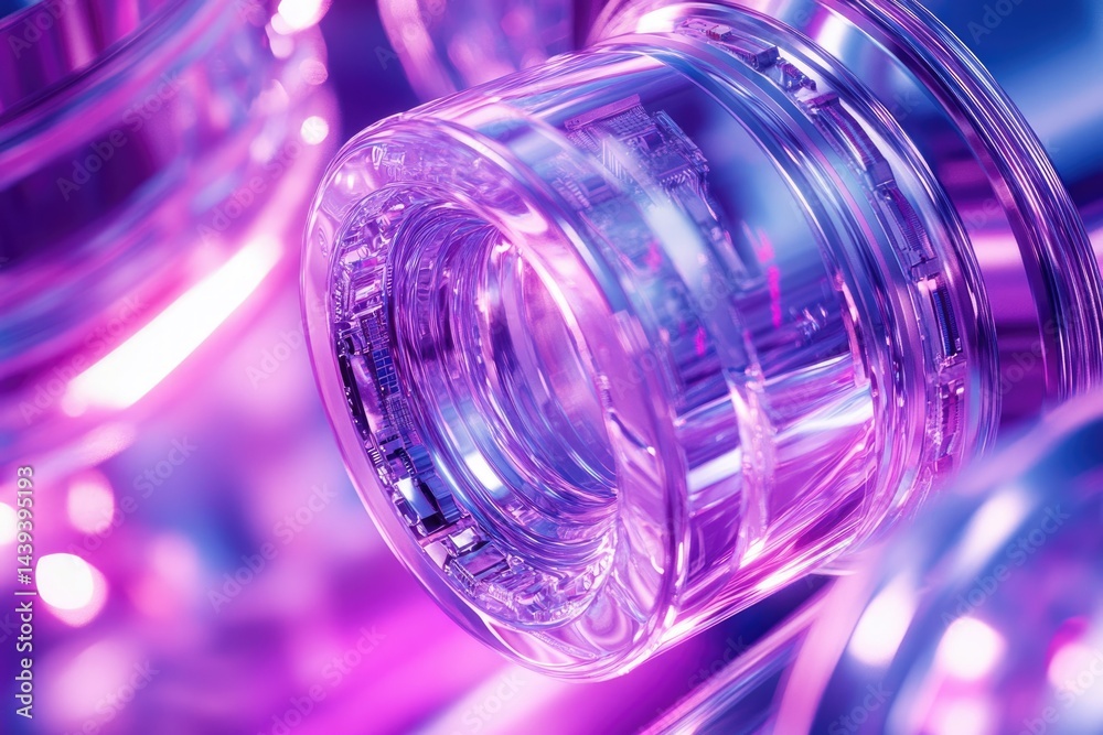 Poster Close-up of translucent purple cylindrical objects with internal circuitry, glowing with vibrant light.